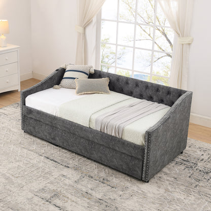 Twin Size Daybed with USB Charging & Pull-out Extendable Bed, with Button on Back and Copper Nail on Waved Shape Arms (81"x42"x30.75") image 6