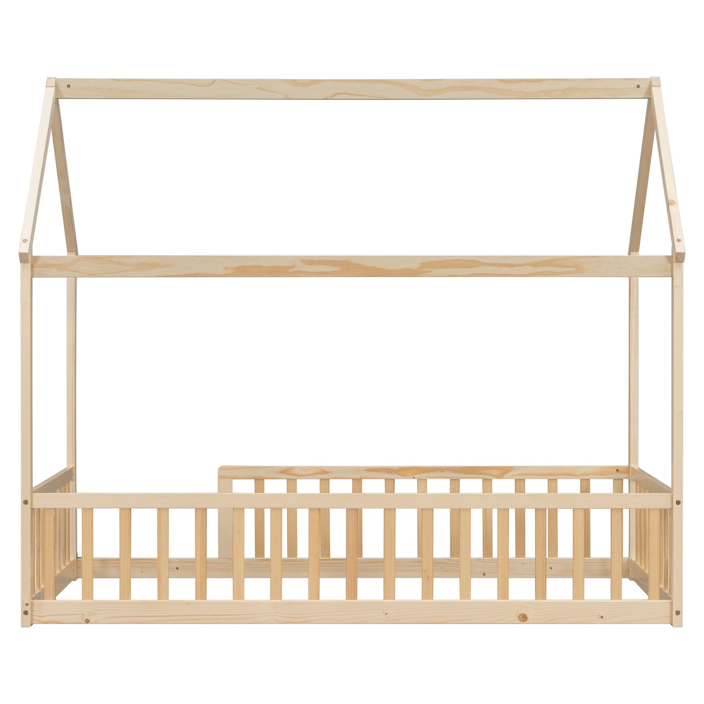 Twin Size House Floor Bed with Roof Frame,Pine Wood Floor Bed with Safety Guardrails,Natural image 4