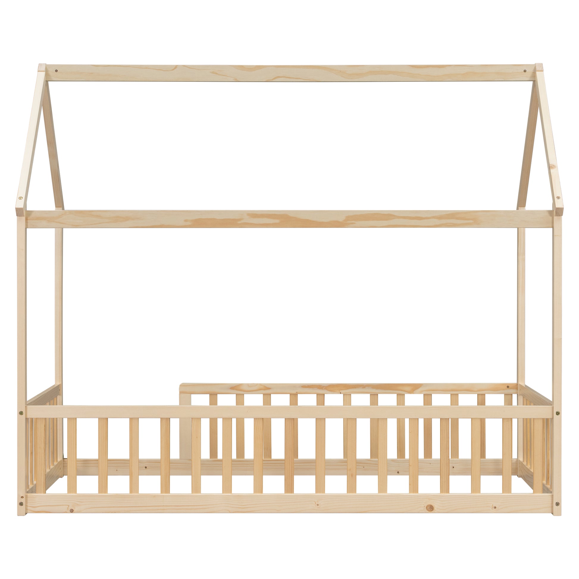 Twin Size House Floor Bed with Roof Frame,Pine Wood Floor Bed with Safety Guardrails,Natural image 4
