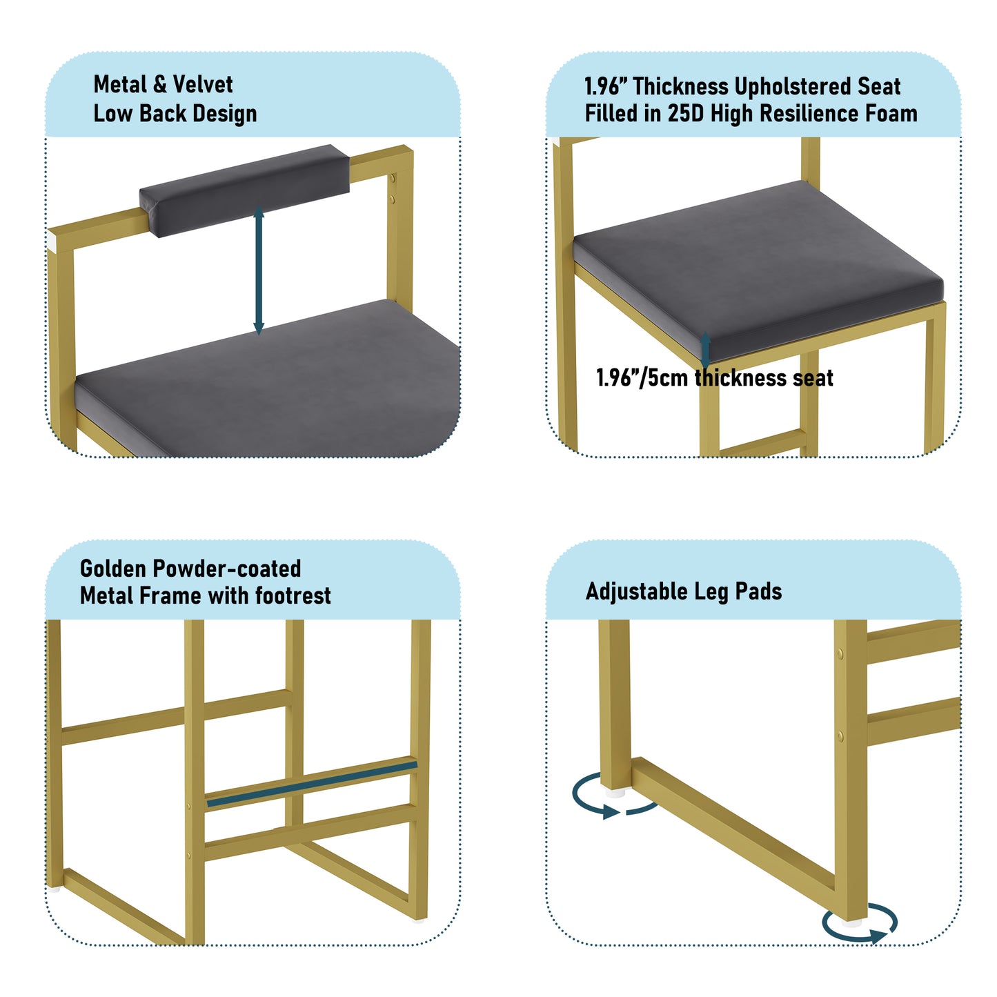 Set of 2 Bar Stools with Backrest & Footrest Counter Height Velvet Upholstered Dining Chairs for Kitchen Island (Gold & Gray) image 9