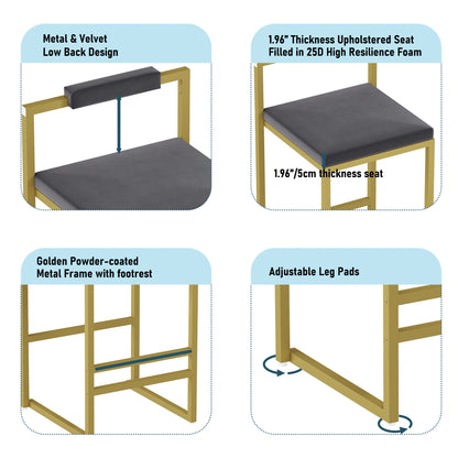 Set of 2 Bar Stools with Backrest & Footrest Counter Height Velvet Upholstered Dining Chairs for Kitchen Island (Gold & Gray) image 9