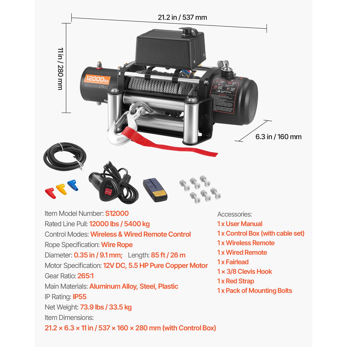 Electric Winch, 12000 lbs Load Capacity, 12V DC Truck Winch with Φ7/20 in x 85 ft Steel Rope, Wireless & Wired Remote Control, Suitable for Towing SUV Jeep Trailer Boat Off-Road Vehicle image 10