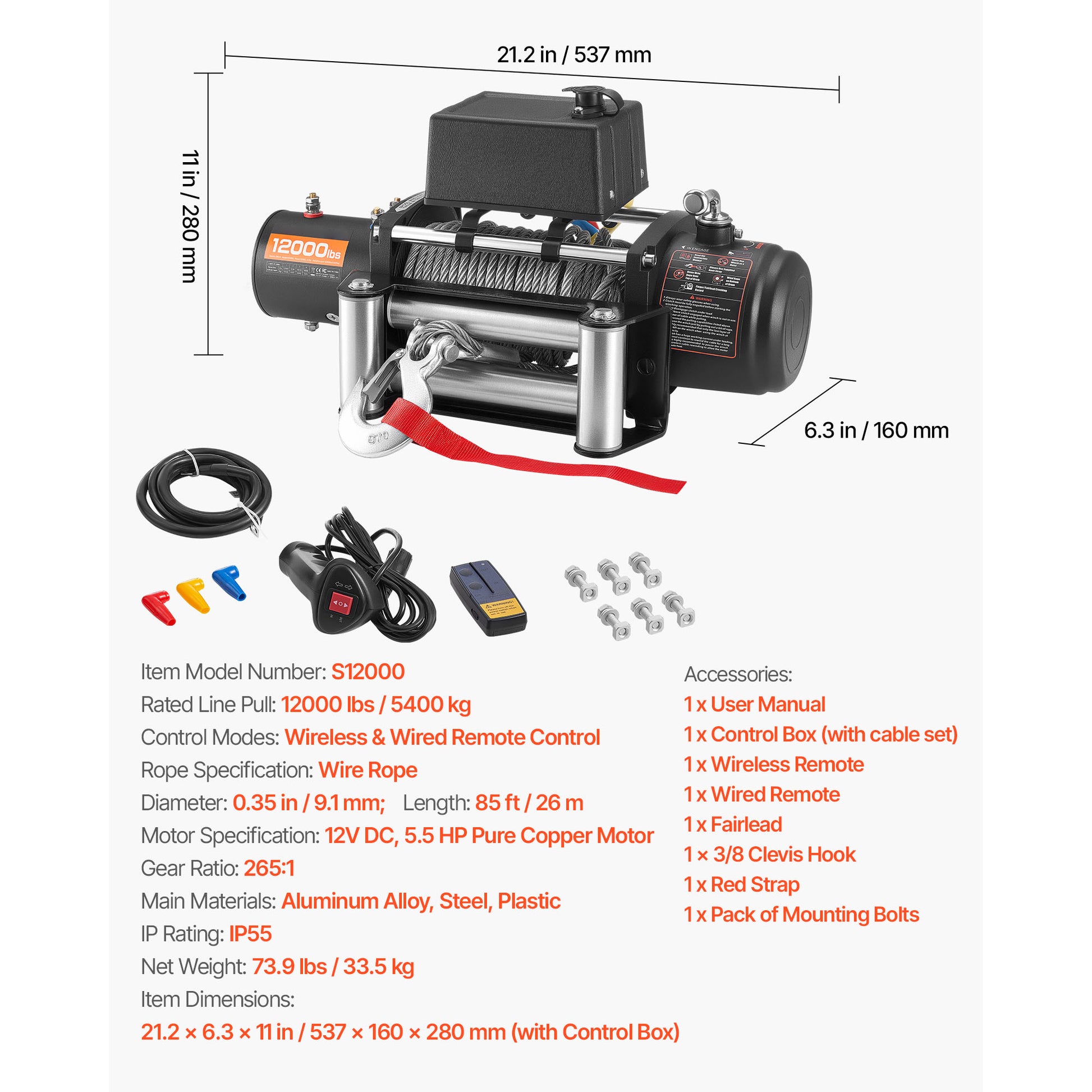 Electric Winch, 12000 lbs Load Capacity, 12V DC Truck Winch with Φ7/20 in x 85 ft Steel Rope, Wireless & Wired Remote Control, Suitable for Towing SUV Jeep Trailer Boat Off-Road Vehicle image 10