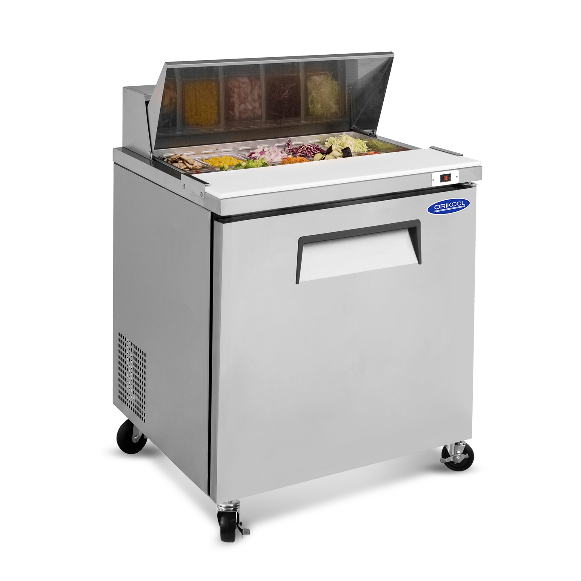 Orikool 29 IN Commercial Refrigerators Sandwich&Salad Prep Table with a Butcher Block Cutting Board, Protection Lid, Cold Storage, ETL Certified image 1