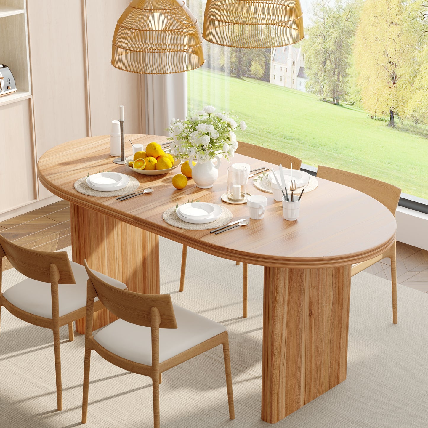 55.12"-70.87"Modern Extendable Dining Table with removable extension leaves,Mid-century modern style home table,Suitable for dining rooms, kitchens, and living rooms,Natural Walnut image 2