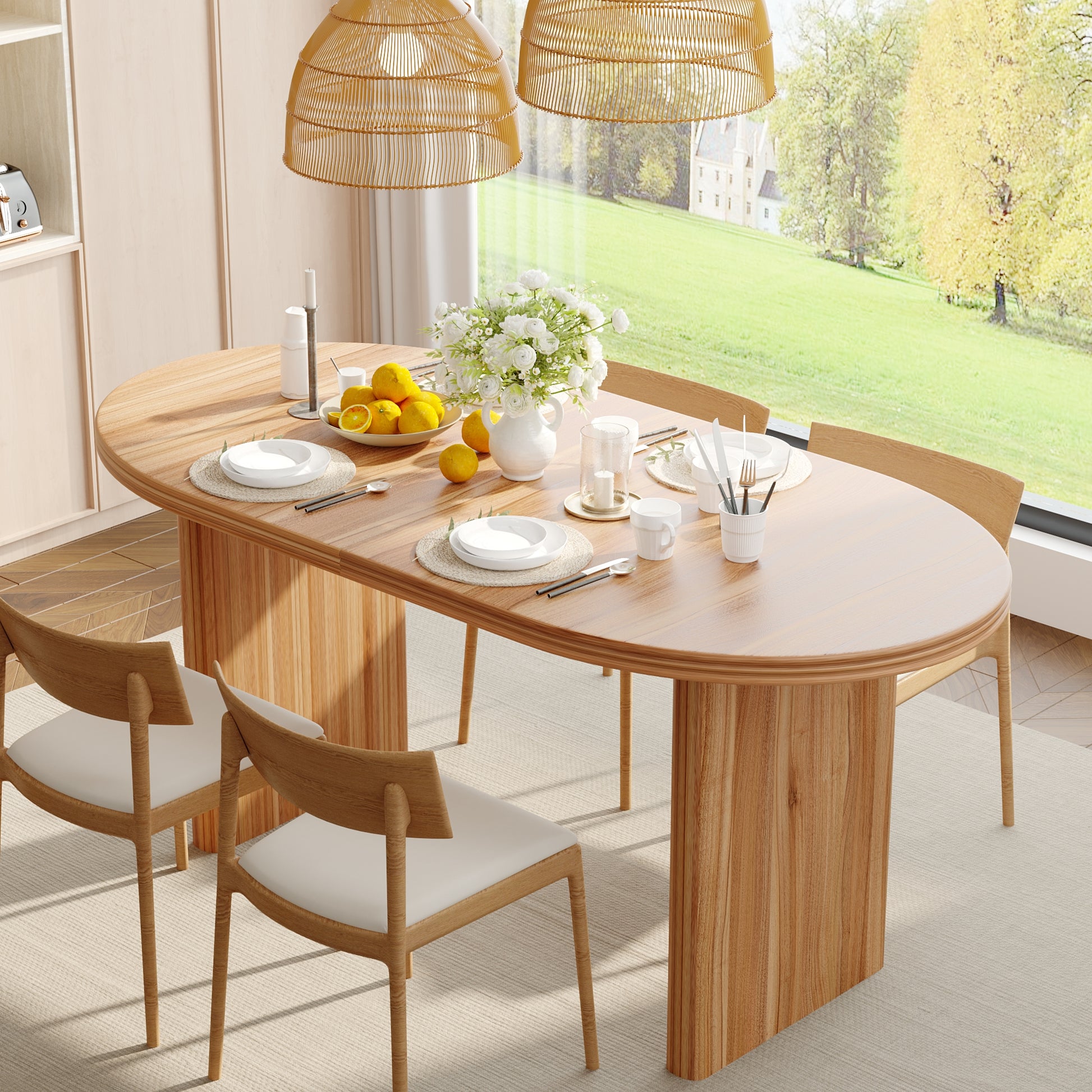 55.12"-70.87"Modern Extendable Dining Table with removable extension leaves,Mid-century modern style home table,Suitable for dining rooms, kitchens, and living rooms,Natural Walnut image 2