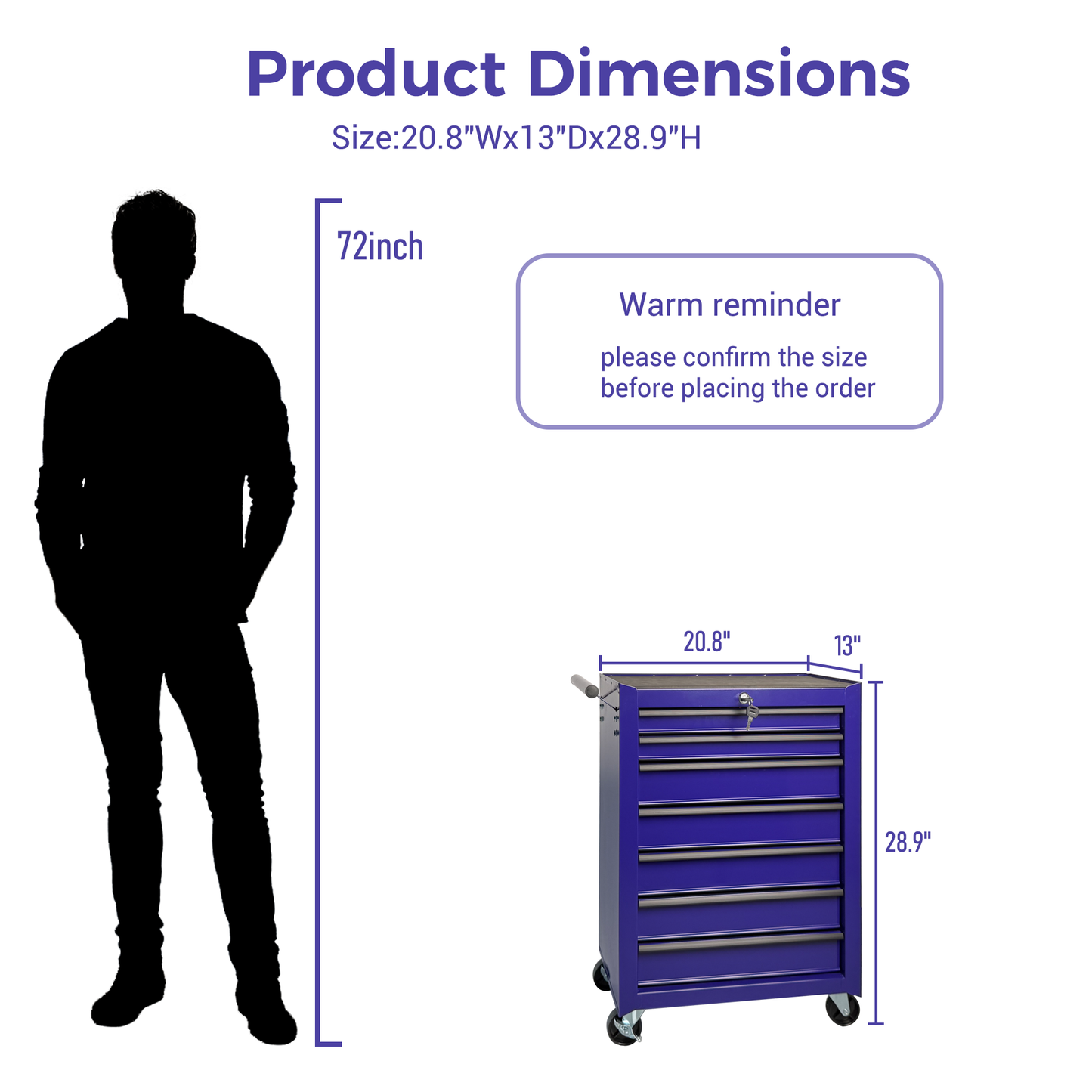 Rolling Metal Tool Chest with 7 Drawers, 20" 7-Drawer Tool Chest Cabinet with Ball Bearing Drawer Slides, Steel Tool Storage Box Organizer -PURPLE image 7
