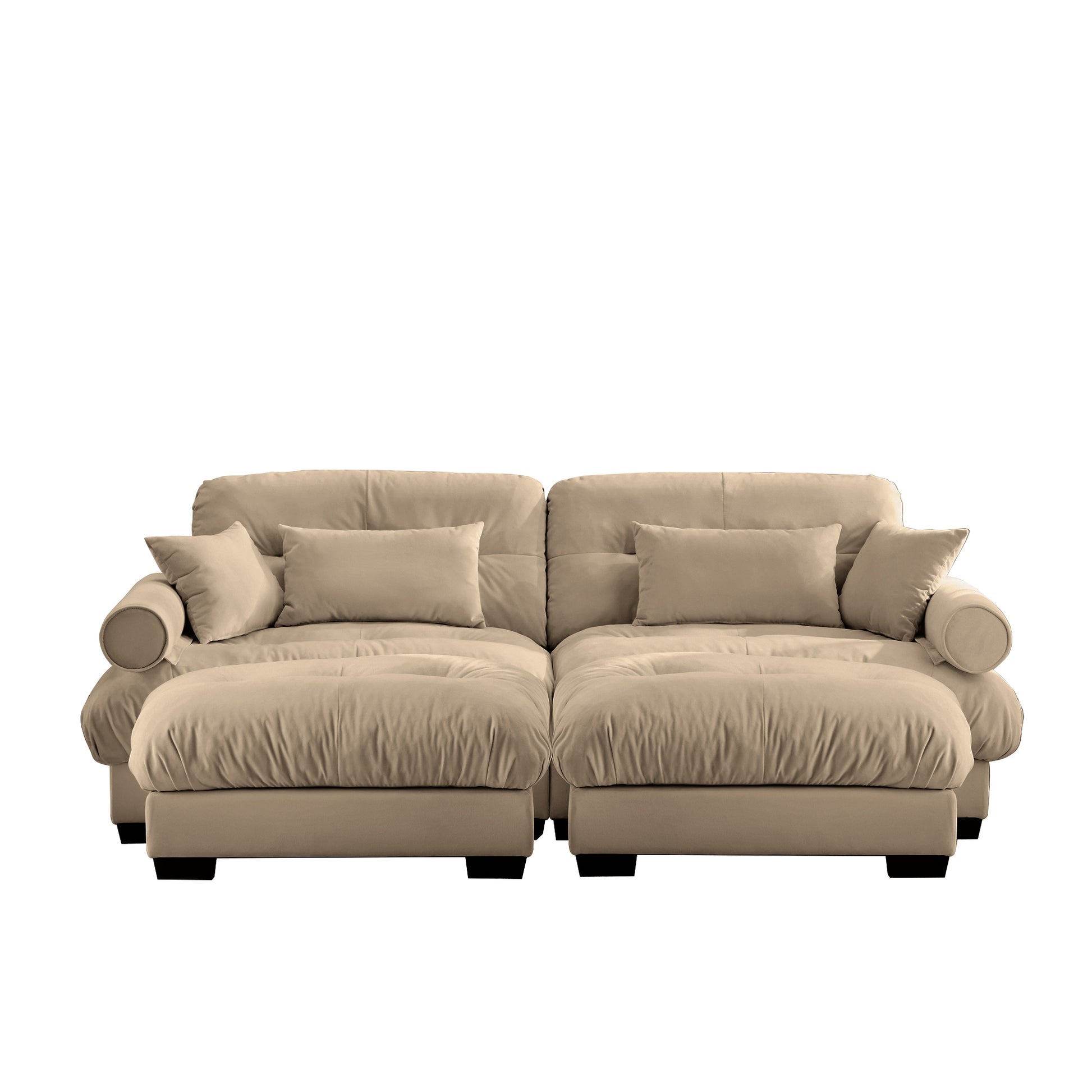 Over Size Modern Two-seater Sofa with Ottoman, Velvet 2-Seater with Round Bolster Armrests,With Waist Pillow and Throw Pillows, Reading Room, Loft and Bedroom,Camel image 11