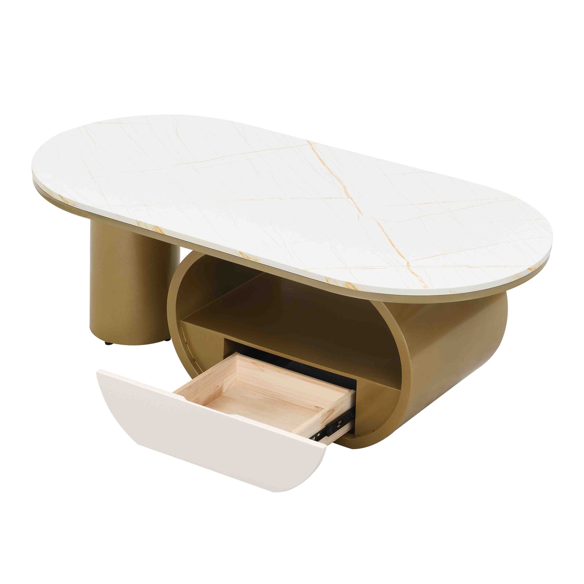 Luxury Modern Oval Coffee Table, 47.24'' Coffee Table with Storage Drawer, Faux Marble Top, Golden Metal Center Table for Living Room image 8