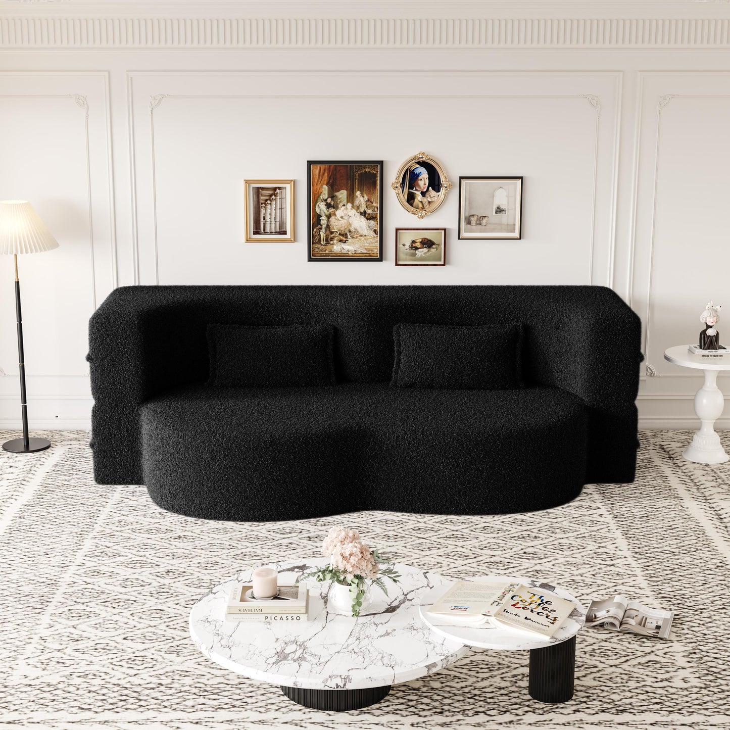 Modern Floor Sofa with 2 Pillows,Convertible Sherpa Fleece Fabric Foam-Filled Sleeper Sofa Bed,15" Full Size Folding Mattress for Living Room,Guest Bed,no assembly required,Black(SameW1885P2722) image 2