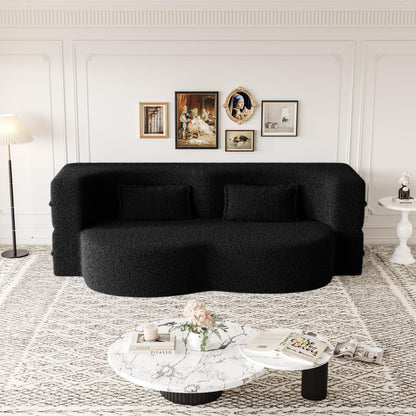 Modern Floor Sofa with 2 Pillows,Convertible Sherpa Fleece Fabric Foam-Filled Sleeper Sofa Bed,15" Full Size Folding Mattress for Living Room,Guest Bed,no assembly required,Black(SameW1885P2722) image 2