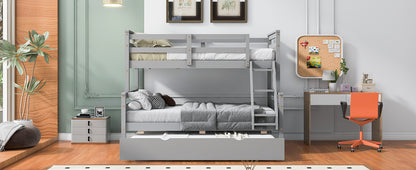 Twin over Full Bunk Bed with Ladder, Twin Size Trundle, Safety Guardrail, Gray image 8