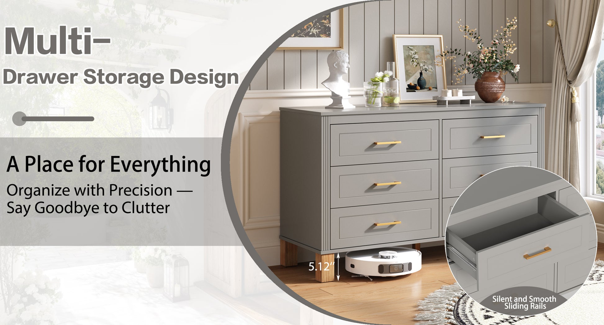 6-Drawer Double Dresser in Gray, Modern Storage Cabinet with Metal Handles & Solid Wood Legs, Dresser Drawer Organizer for Kids Bedroom, Heavy-Duty Wooden Dresser with Pre-Installed image 6