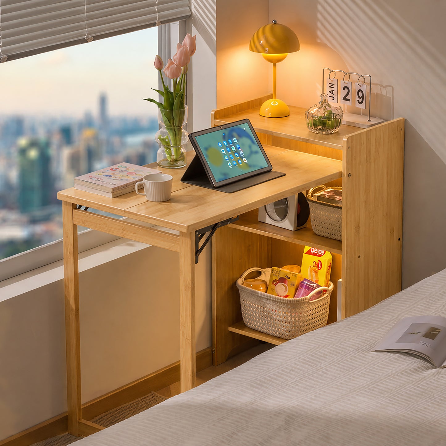 Bamboo Folding Desk, Foldable Desk for Small Space, Computer Desk with Hidden Storage, Mid Century Foldable Table for Home Office and Bedroom (NATURAL WOOD) image 10