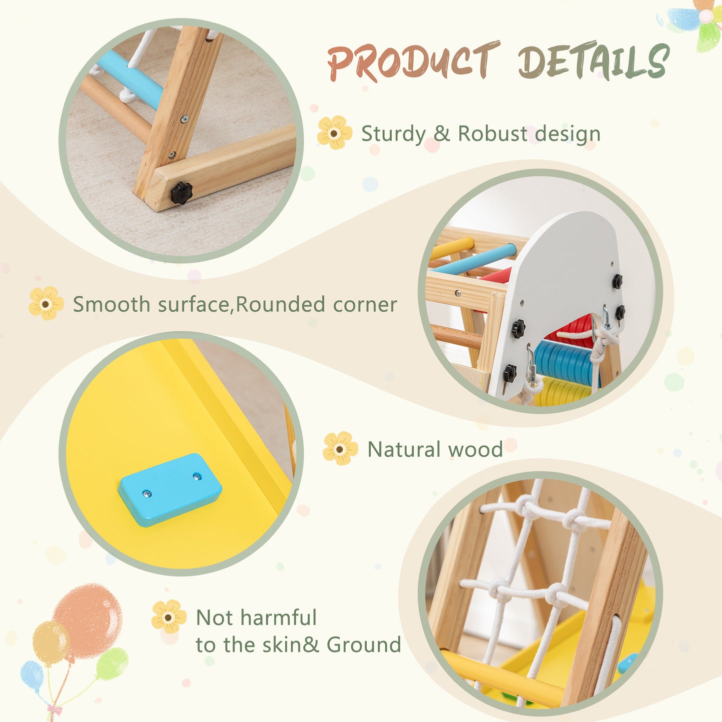 9-in-1 Foldable Kids Climbing Frame & Slide, Wooden Toddler Playground with Swing, Monkey Bars, Climbing Rock, Abacus Game – Indoor Outdoor Playset for Ages 3+, Natural Wood, 176LBS Capacity image 7
