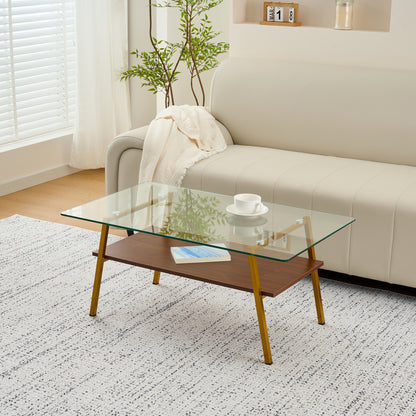 Rectangle Coffee Table, Tempered Glass Tabletop with Gold Metal Legs, Modern Table for Living Room, Transparent Glass image 2