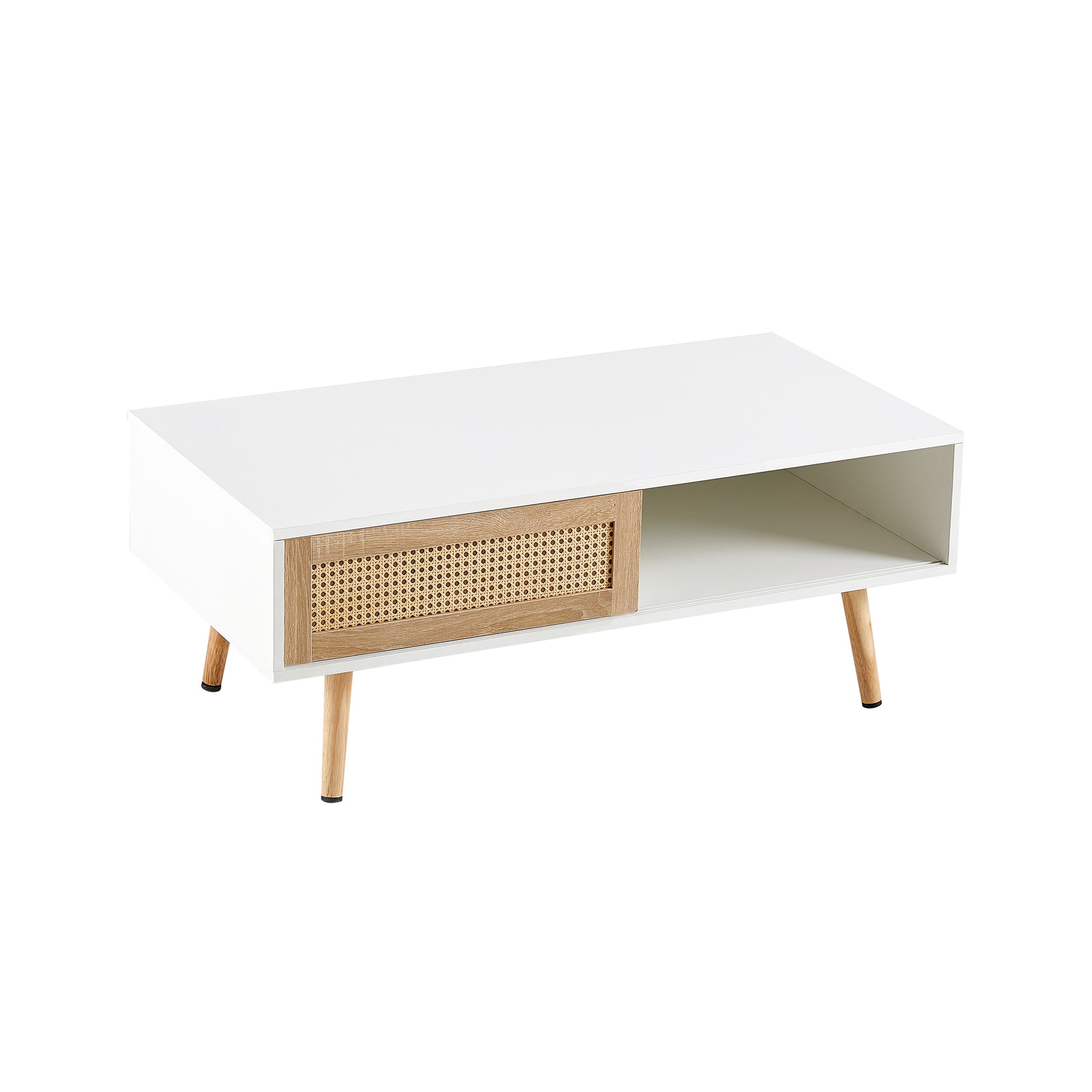 41.34" Rattan Coffee table, sliding door for storage, solid wood legs, Modern table for living room,White image 9