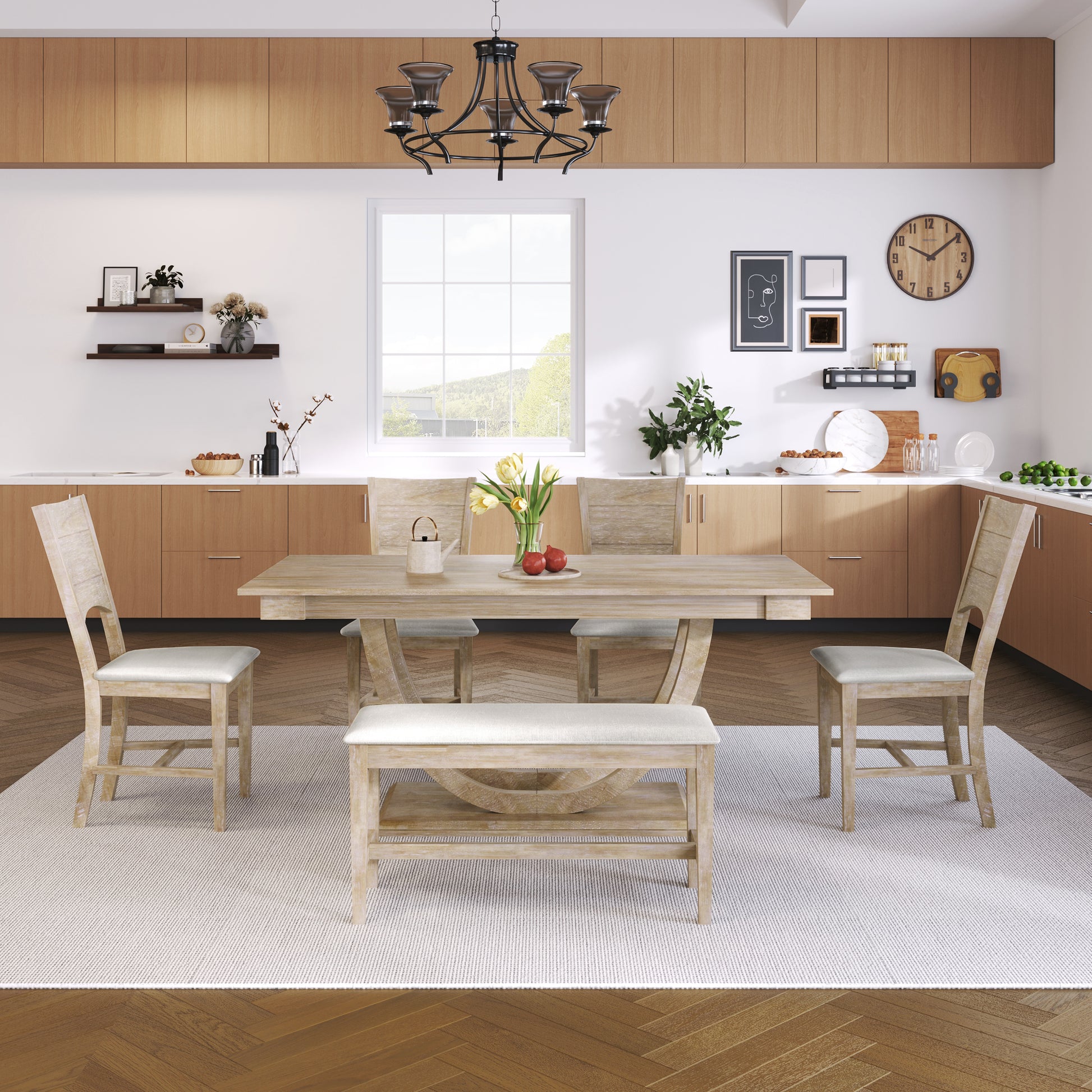 TOPMAX 6-Piece Wood Half Round Dining Table Set Kitchen Table Set with Long Bench and 4 Dining Chairs, Modern Style, Seadrift image 9