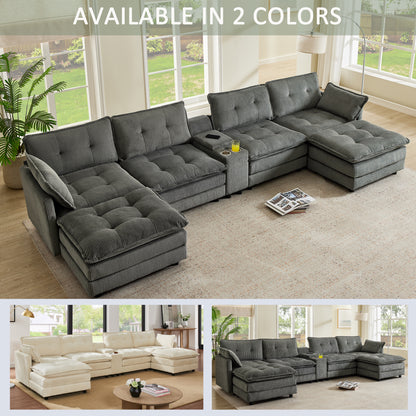154" Sectional Cloud Sofa Couch with Ottomans, Modular U Shaped Couches for Living Room, Comfy Corduroy Oversized Sectional Modern 6 Seat Deep Seat Sofa Set with Central Console USB Port, Grey image 7