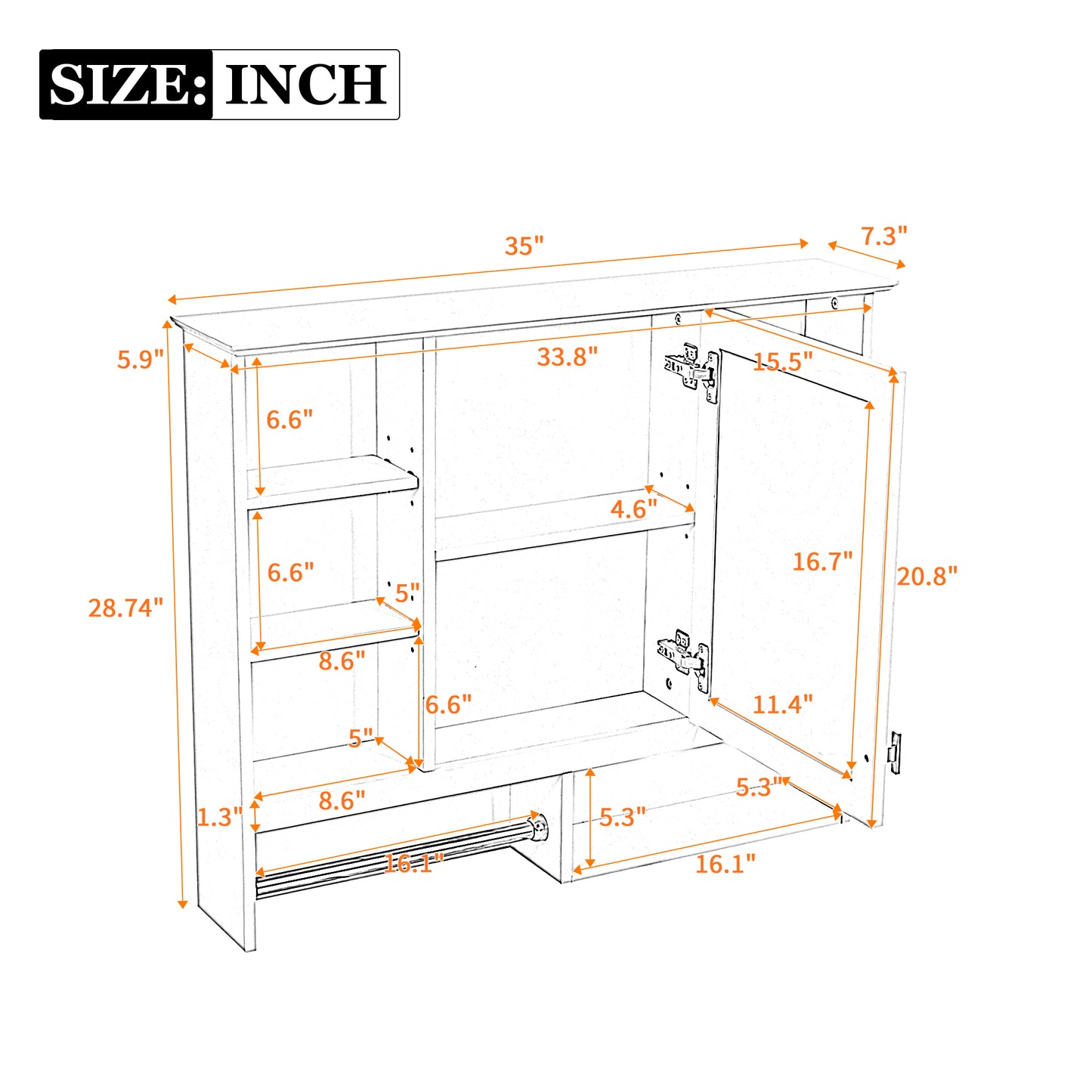 35 inch Wall-Mount 2-in-1 Mirror Cabinet with Adjustable Shelves, Soft-Closing Hinges, Open Shelves, for Bathroom Vanity, Living Room, Bedroom Storage Organizer image 8