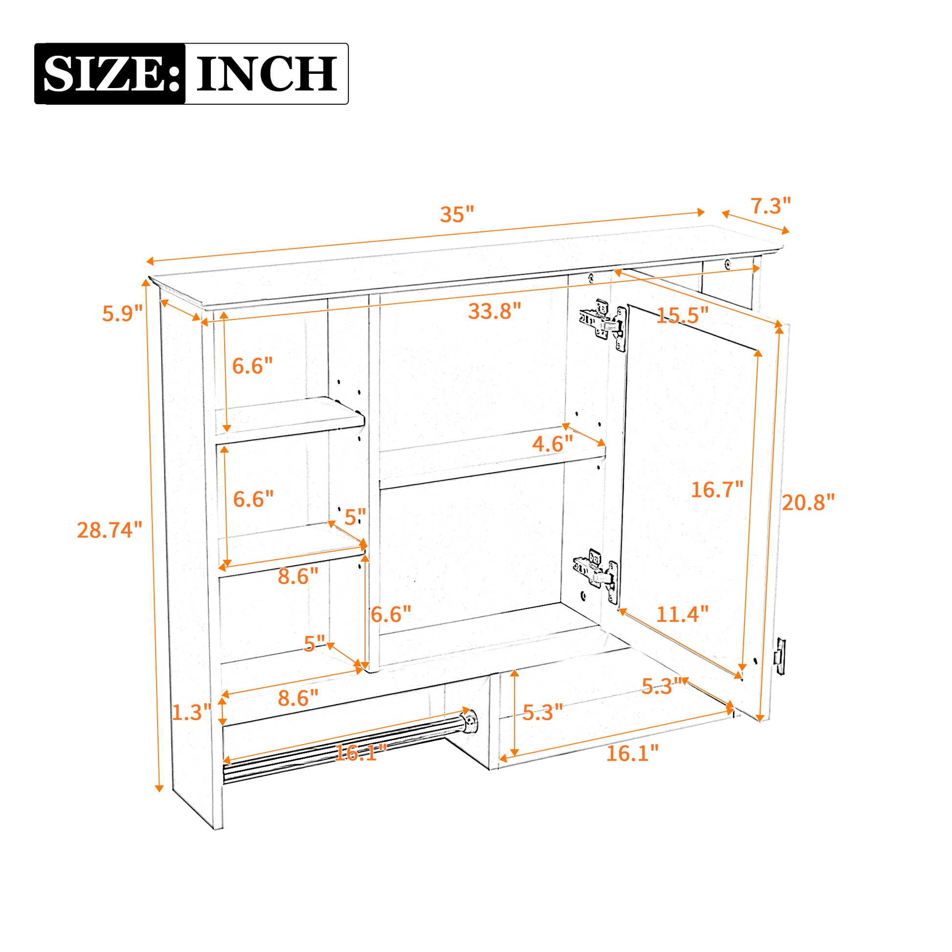 35 inch Wall-Mount 2-in-1 Mirror Cabinet with Adjustable Shelves, Soft-Closing Hinges, Open Shelves, for Bathroom Vanity, Living Room, Bedroom Storage Organizer image 8