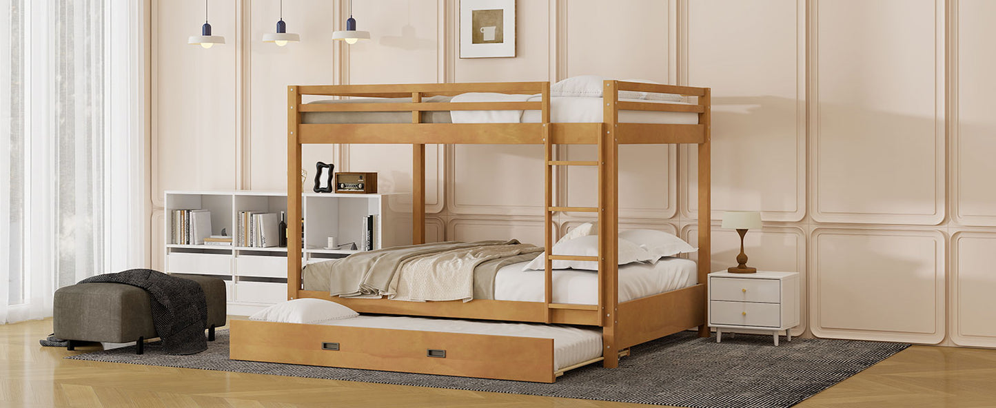 Wood Queen Size Bunk Bed with Ladder and Trundle, Wood Color image 9