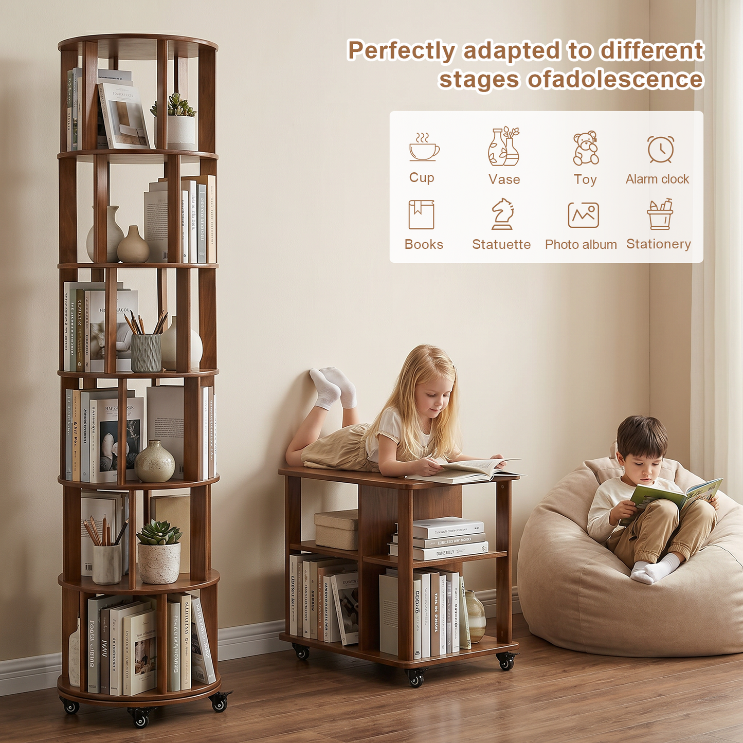 6 Tier Rotating Bookshelf, Solid Wood Rotating Bookshelf Tower with Wheels, 360° Display Round Spinning Bookshelf for Small Spaces, Corner, Bedroom, Living Room, Home, Office, Walnut image 4