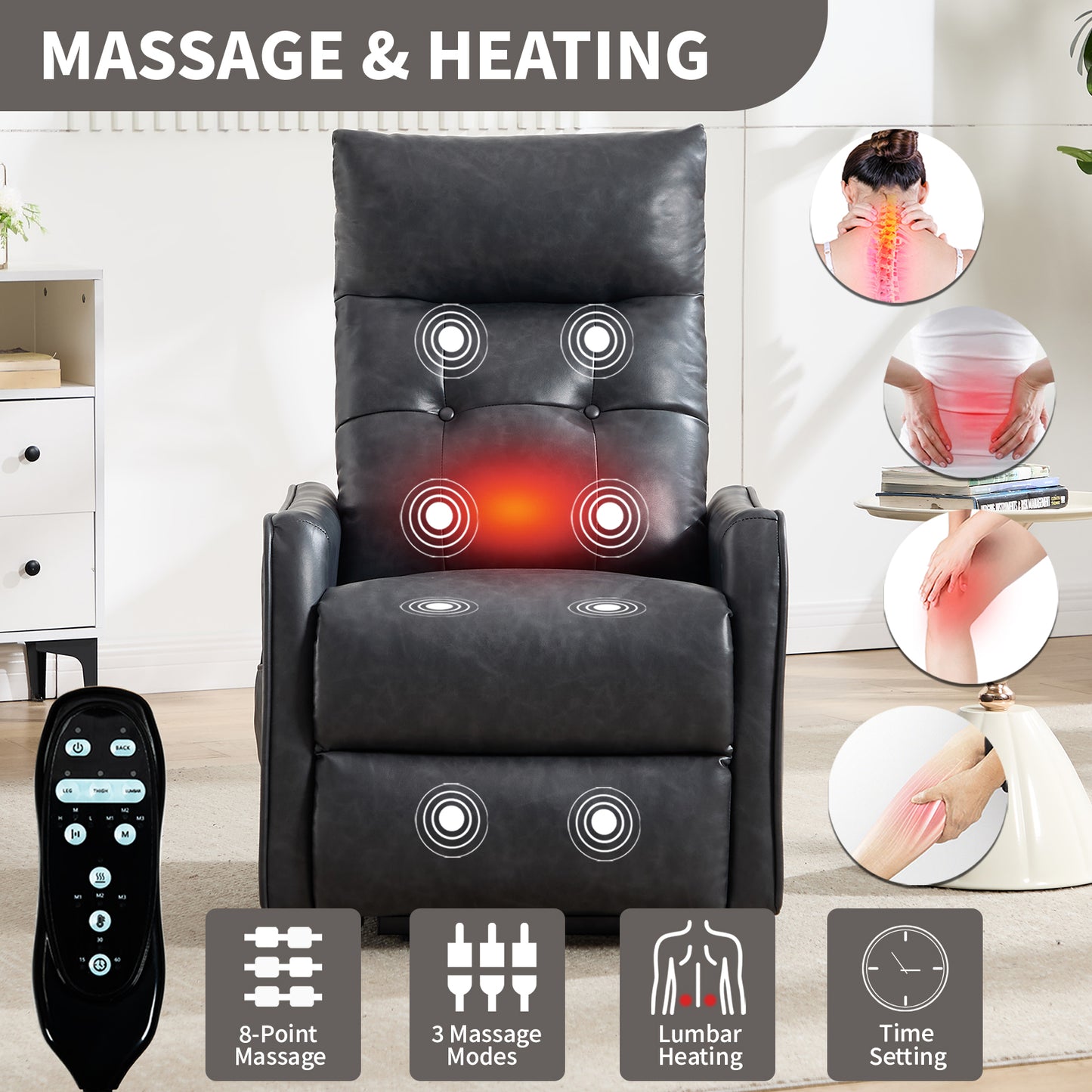 Deep Grey PU Single Motor Power Lift Recliner Chair with Massage and Heat for Elderly, Heavy Duty Motion Mechanism and One USB for Charging, Max Reclining Angle 155° image 6