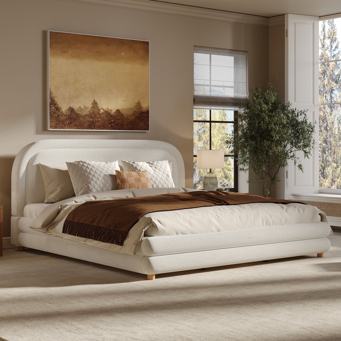King Size Bed Frame With Boucle Upholstered Thick Curved Headboard, Solid Wood Legs, White image 1