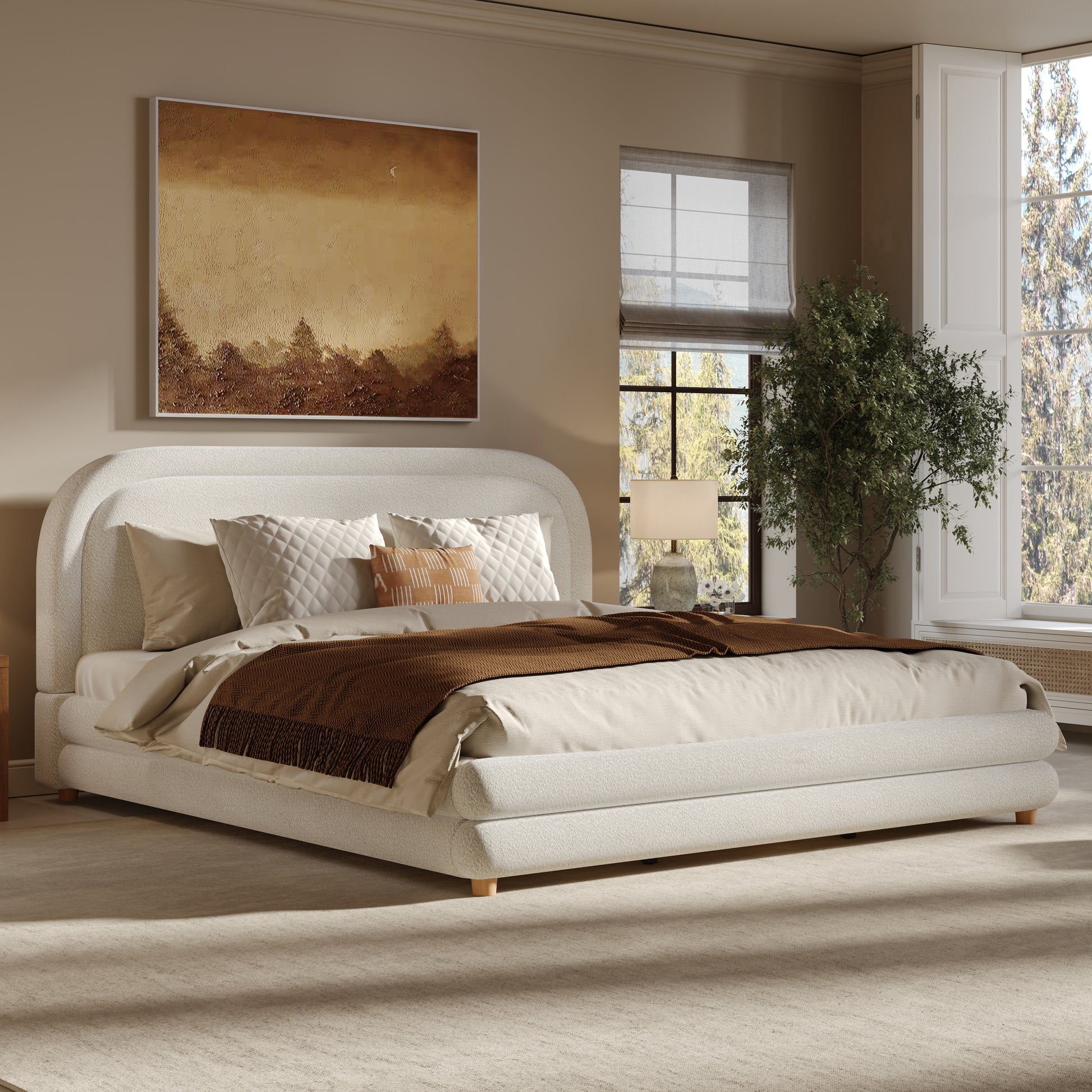 King Size Bed Frame With Boucle Upholstered Thick Curved Headboard, Solid Wood Legs, White image 1