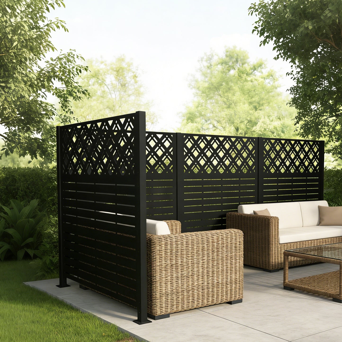 W48'' x H47.3'' x 2 Panels Metal Privacy Screen, Outdoor Privacy Panels, Trash Can Enclosure, Air Conditioner Fence, Pool Equipment Enclosure, Backyard Fencing, Rhombus Black image 8