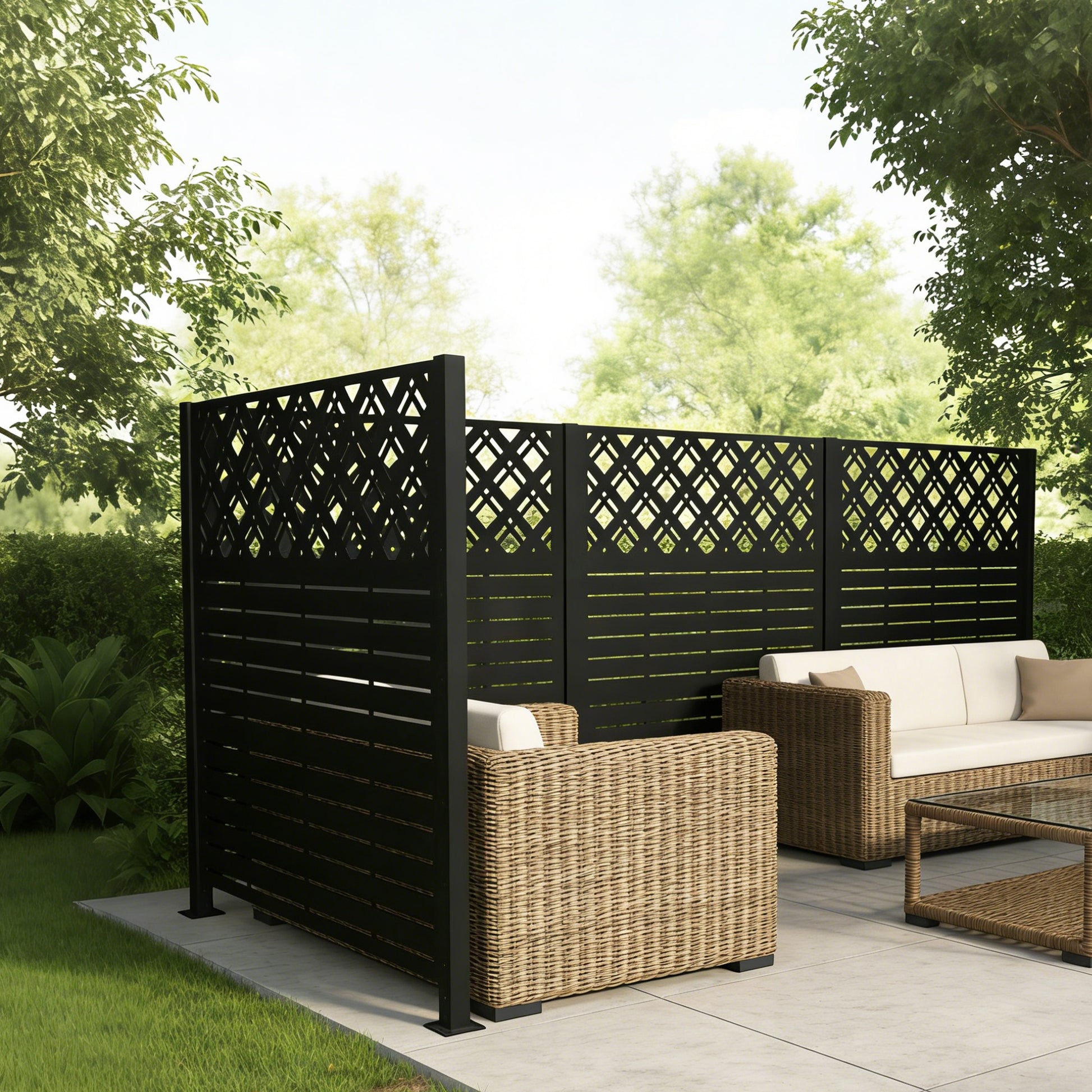 W48'' x H47.3'' x 2 Panels Metal Privacy Screen, Outdoor Privacy Panels, Trash Can Enclosure, Air Conditioner Fence, Pool Equipment Enclosure, Backyard Fencing, Rhombus Black image 8