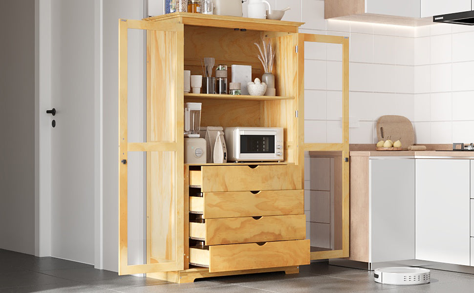 TOPMAX 44.7x20x75inch Kitchen Pantry, Freestanding Kitchen Storage Cabinet Display Cabinet with Glass Doors and 4 Built-in Drawers for Living Room, Home Office, Natural image 3