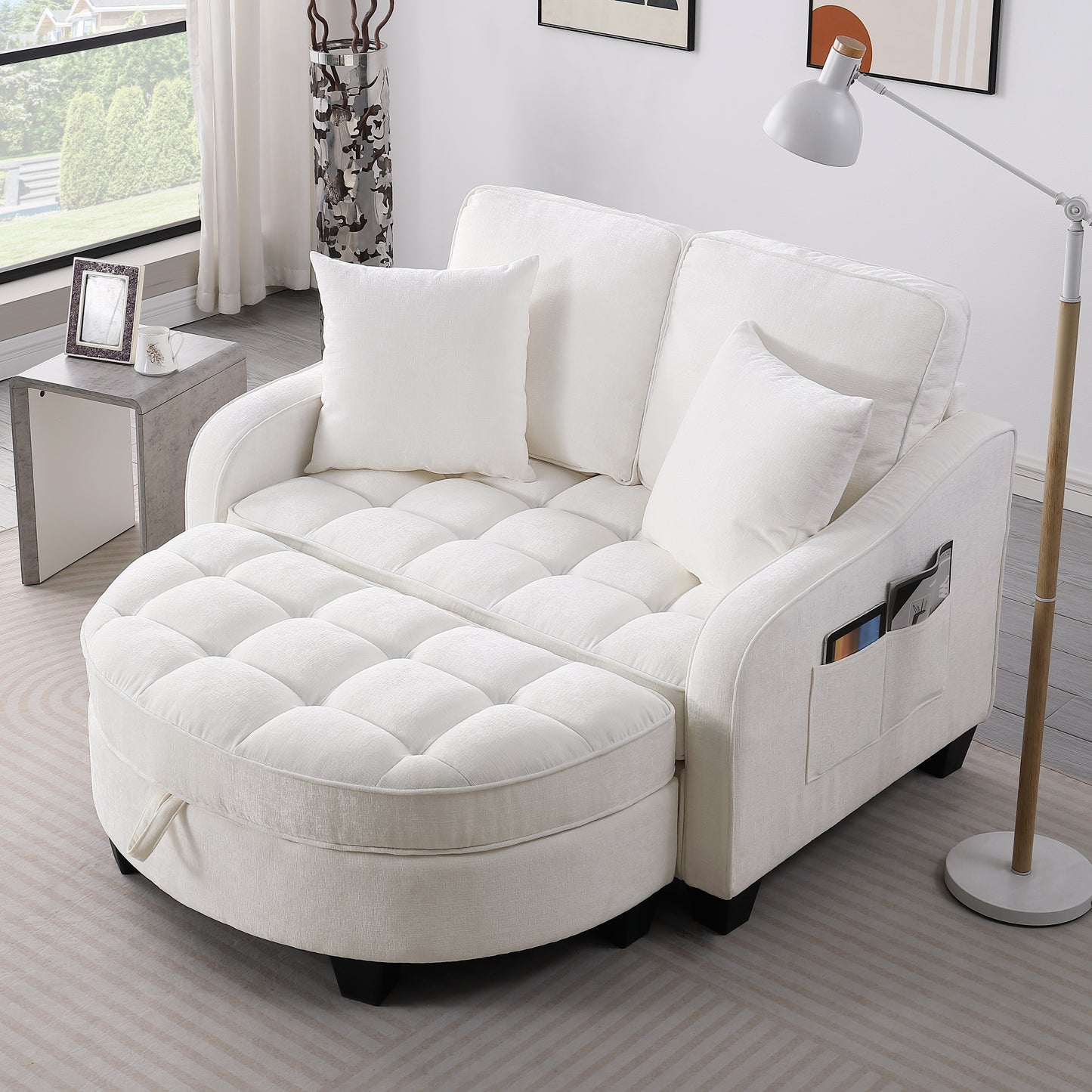 Two-seater sofa, double sofa chaise longue, with irregular armrests and backrests, footrest with storage space, comes with two small throw pillows, suitable for living room and bedroom - Beige image 1