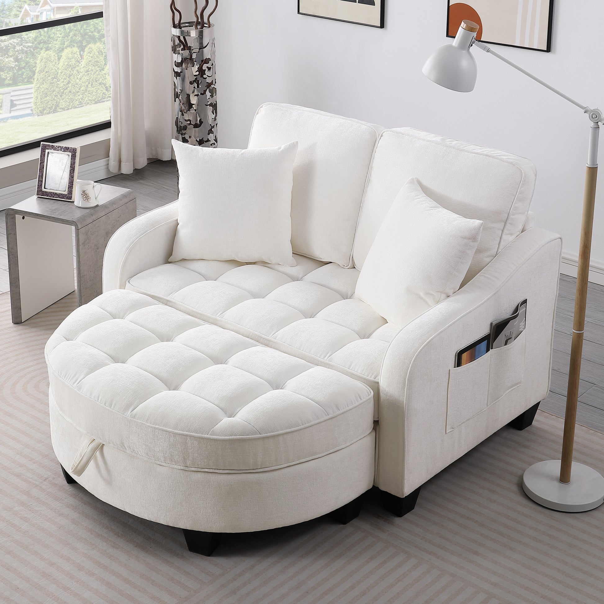 Two-seater sofa, double sofa chaise longue, with irregular armrests and backrests, footrest with storage space, comes with two small throw pillows, suitable for living room and bedroom - Beige image 1