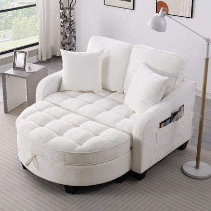 Two-seater sofa, double sofa chaise longue, with irregular armrests and backrests, footrest with storage space, comes with two small throw pillows, suitable for living room and bedroom - Beige image 1