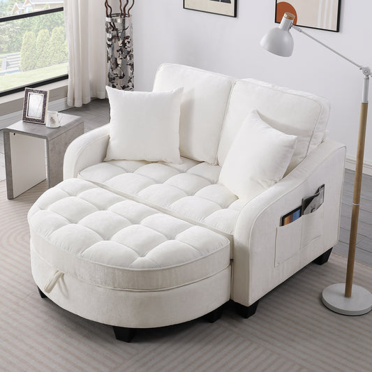 Two-seater beige corduroy sofa with chaise longue and storage footrest - front view