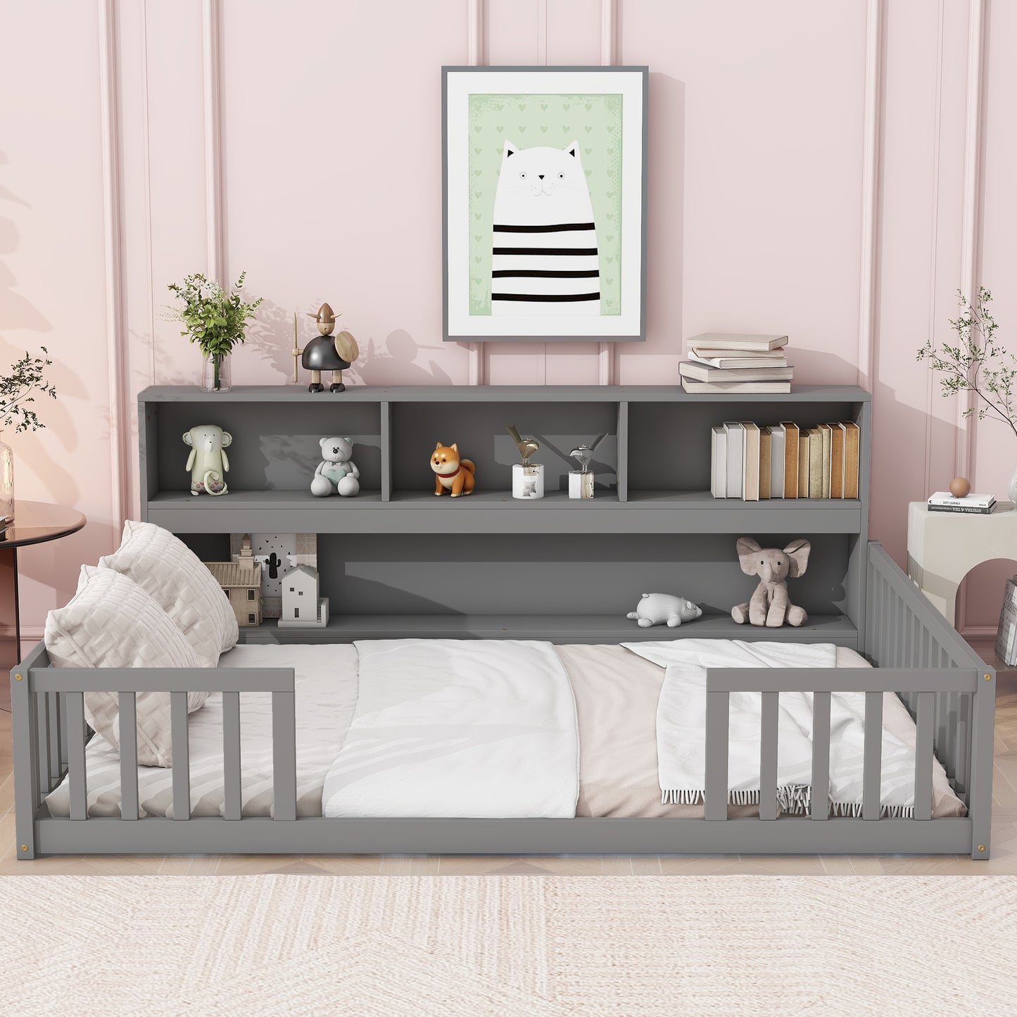 Full Floor Bed with Side Bookcase,Shelves,Guardrails,Grey image 1