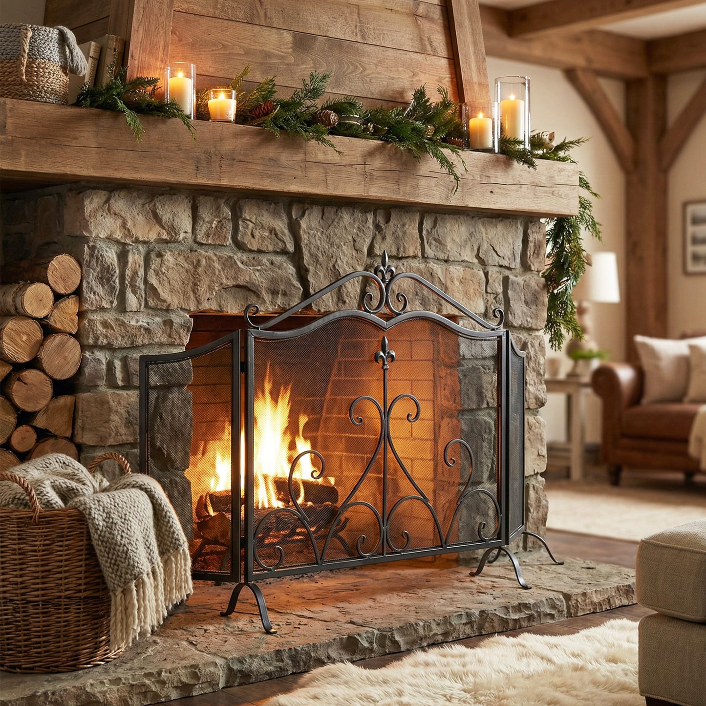 Onyx 3-Panel Iron Fireplace Screen 54" x 31.5", Black Finish image 1