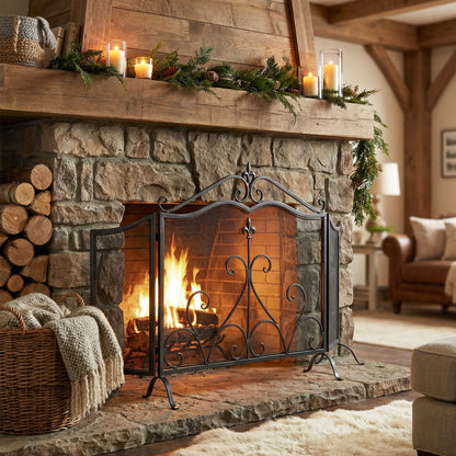 Onyx 3-Panel Iron Fireplace Screen 54" x 31.5", Black Finish image 1