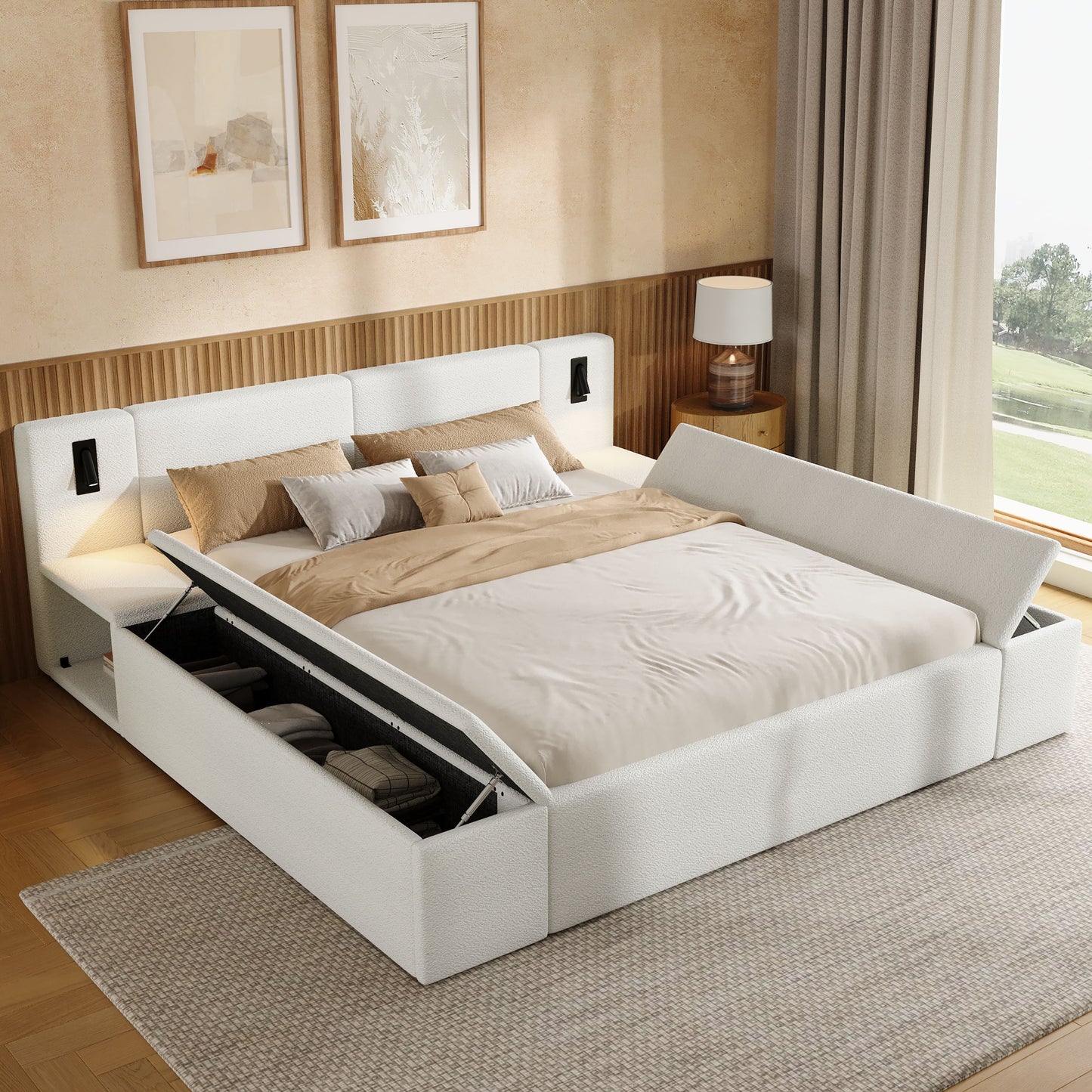 Queen Size Teddy Fleece Upholstered Platform Bed Frame with Massive Hidden Storage, Modern Bouclé Fabric Bed with Built-in Nightstands & LED Reading Lights, Wood Slats, No Box Spring Needed, White image 3