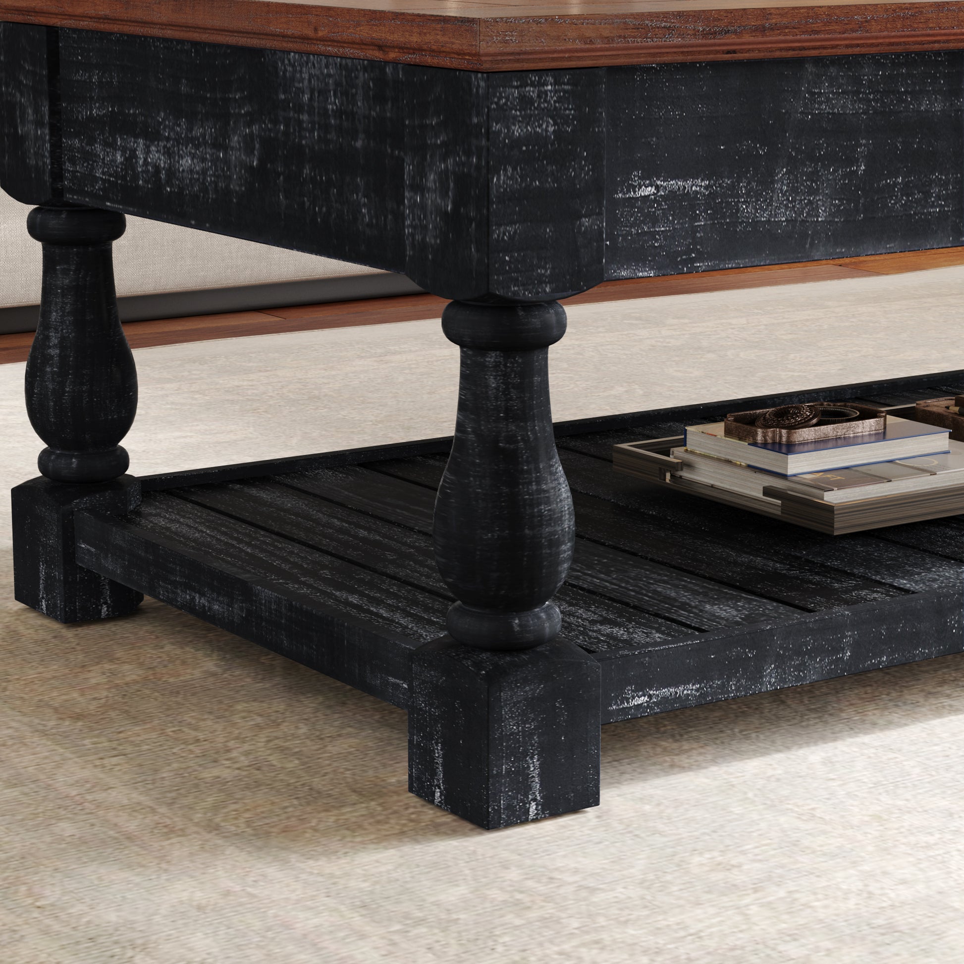 Retro Lift-Top Coffee Table with Storage for Living Room, Hidden Compartment & Lower Shelf, Espresso & Weathered Black Finish image 6