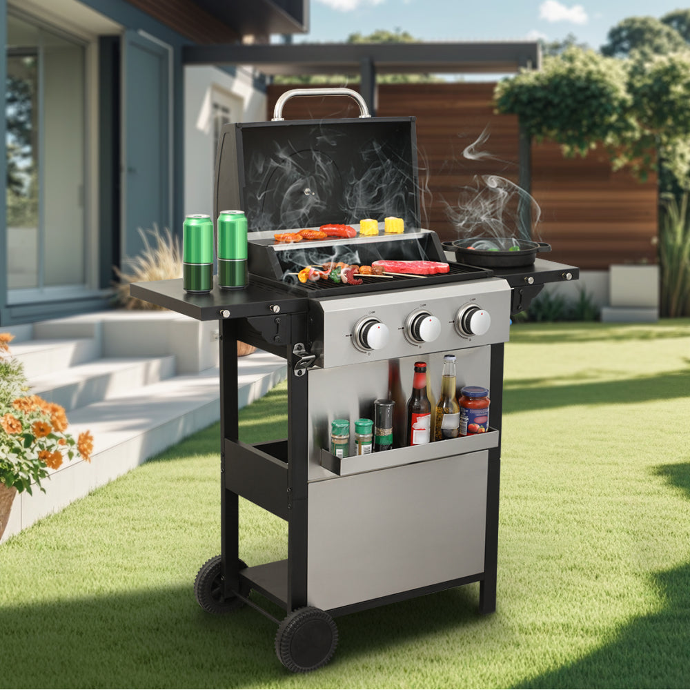 3-Burner Propane Gas BBQ Grill, 25650BTU Output With Wire Enamel Cooking Grids For Outdoor Barbecue, Foldable Side Table, Stainless Steel