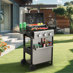 3-Burner Propane Gas BBQ Grill, 25650BTU Output With Wire Enamel Cooking Grids For Outdoor Barbecue, Foldable Side Table, Stainless Steel