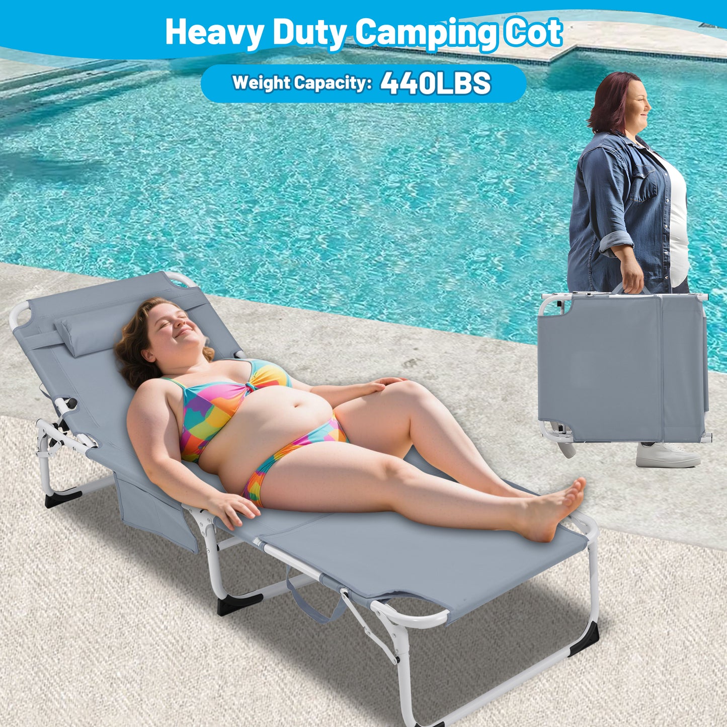 3-in-1 Heavy Duty Tanning Chair with Face Hole Adjustable 5-Position Folding Chaise Lounge Chairs for Outside Portable Lay Flat Beach Lounge Chair for Outdoor Sunbathing Patio Pool Lawn Camping Deck P image 8