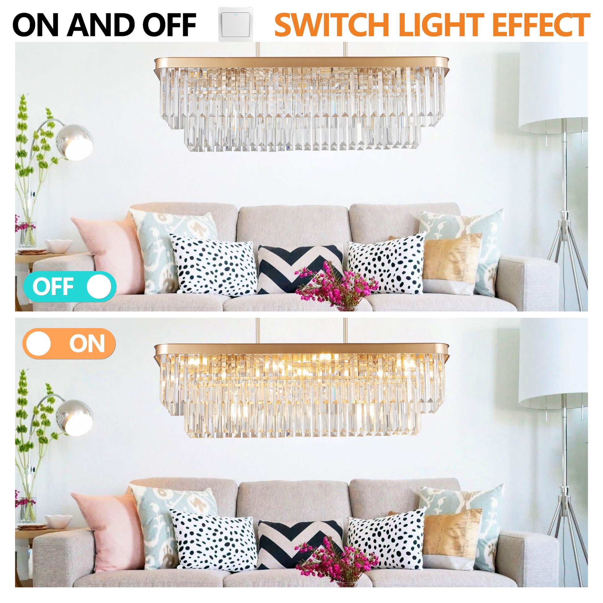 Chandeliers,Rectangular Crystal Chandelier Adjustable,E12 Modern Industrial Crystal Lights,Farmhouse Iron Ceiling Hanging Light for Kitchen Living Room Bedroom/Gold(Bulb Not Included) image 7