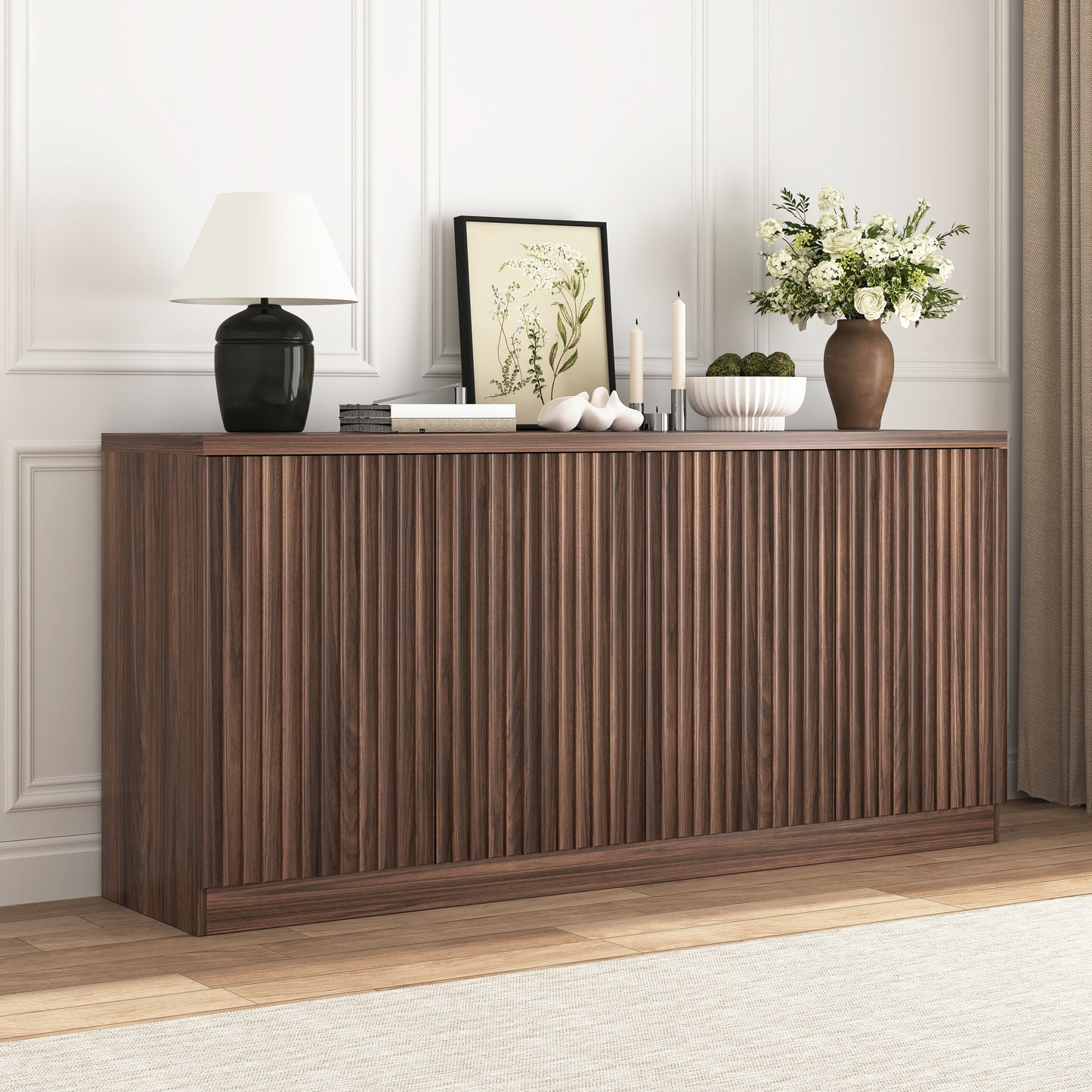 Buffet Cabinet with Storage, 62.60" Sideboard Cabinet with 4 Doors & Shelves, Wooden Kitchen Coffee Bar Credenza Storage for Living Room, Hallway Walnut image 2
