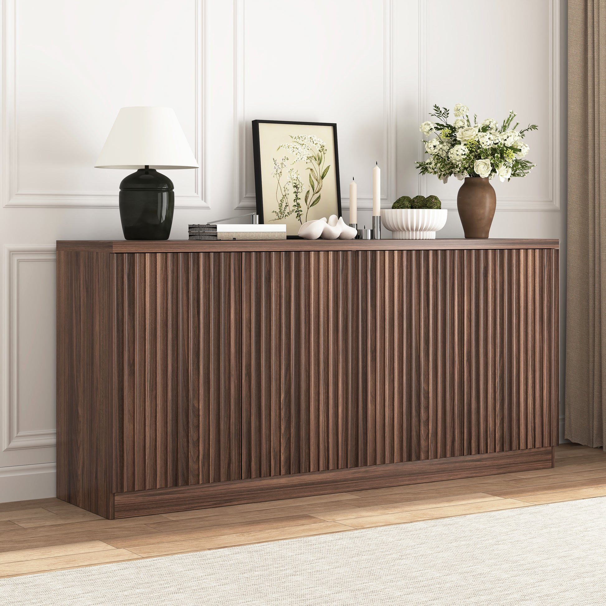 Buffet Cabinet with Storage, 62.60" Sideboard Cabinet with 4 Doors & Shelves, Wooden Kitchen Coffee Bar Credenza Storage for Living Room, Hallway Walnut image 2