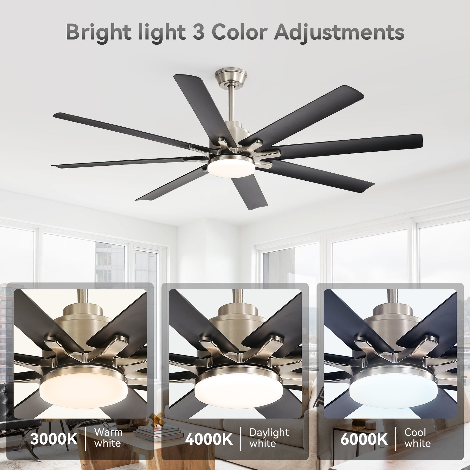 52-Inch Smart Ceiling Fan With Lights,6 Wind Speed,With 8 Black ABS Blades,Voice Remote,Fan For Bedroom,Living Room,Patio,Kitchen image 5