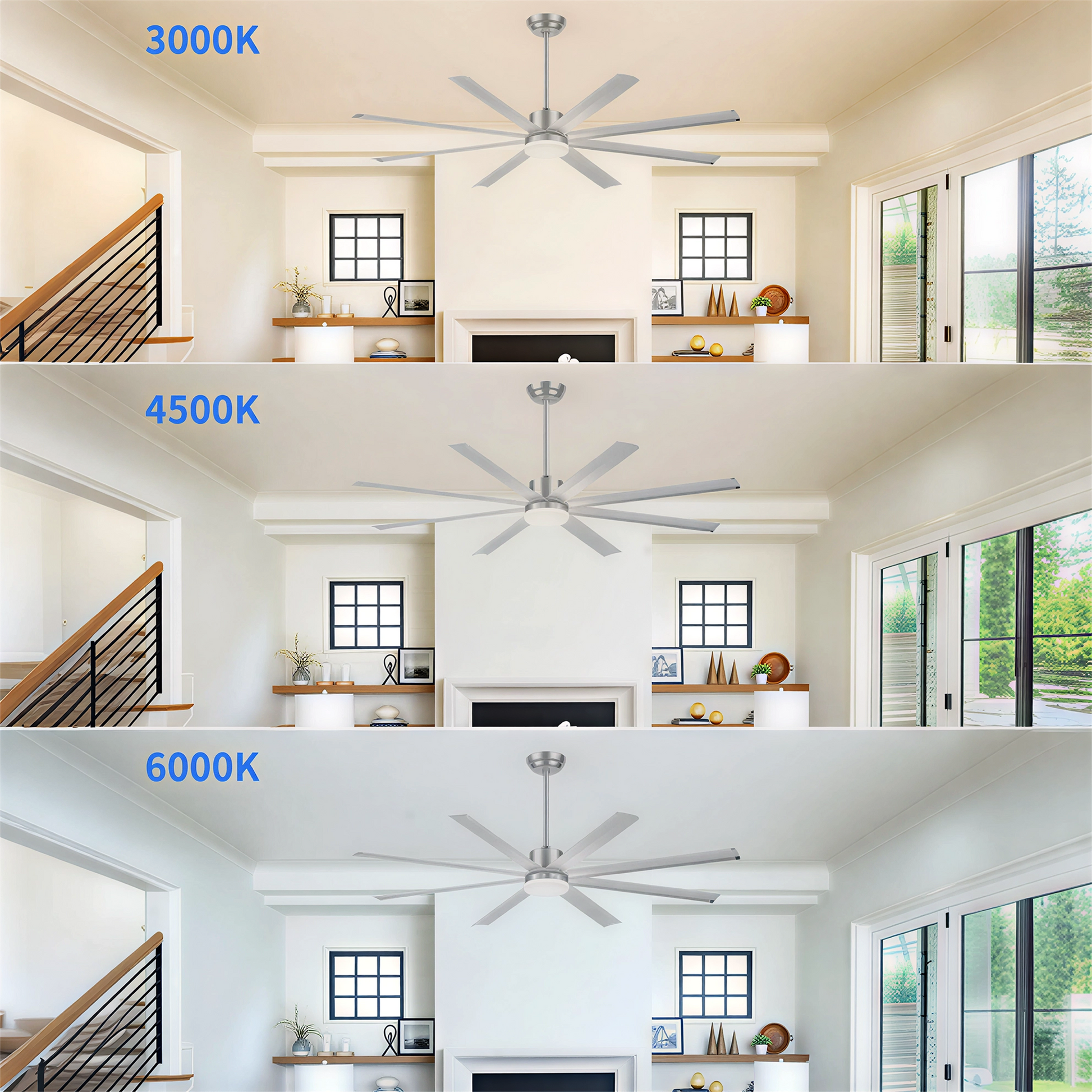 72 INCH Industrial PM DC Motor Ceiling Fan with Light, 8 PCS Aluminum Blades,6-Speed Remote Control, Adjust Height (3 Down rods) Commercial Ceiling Fan For Porch/Garage/Shop-Sliver image 6